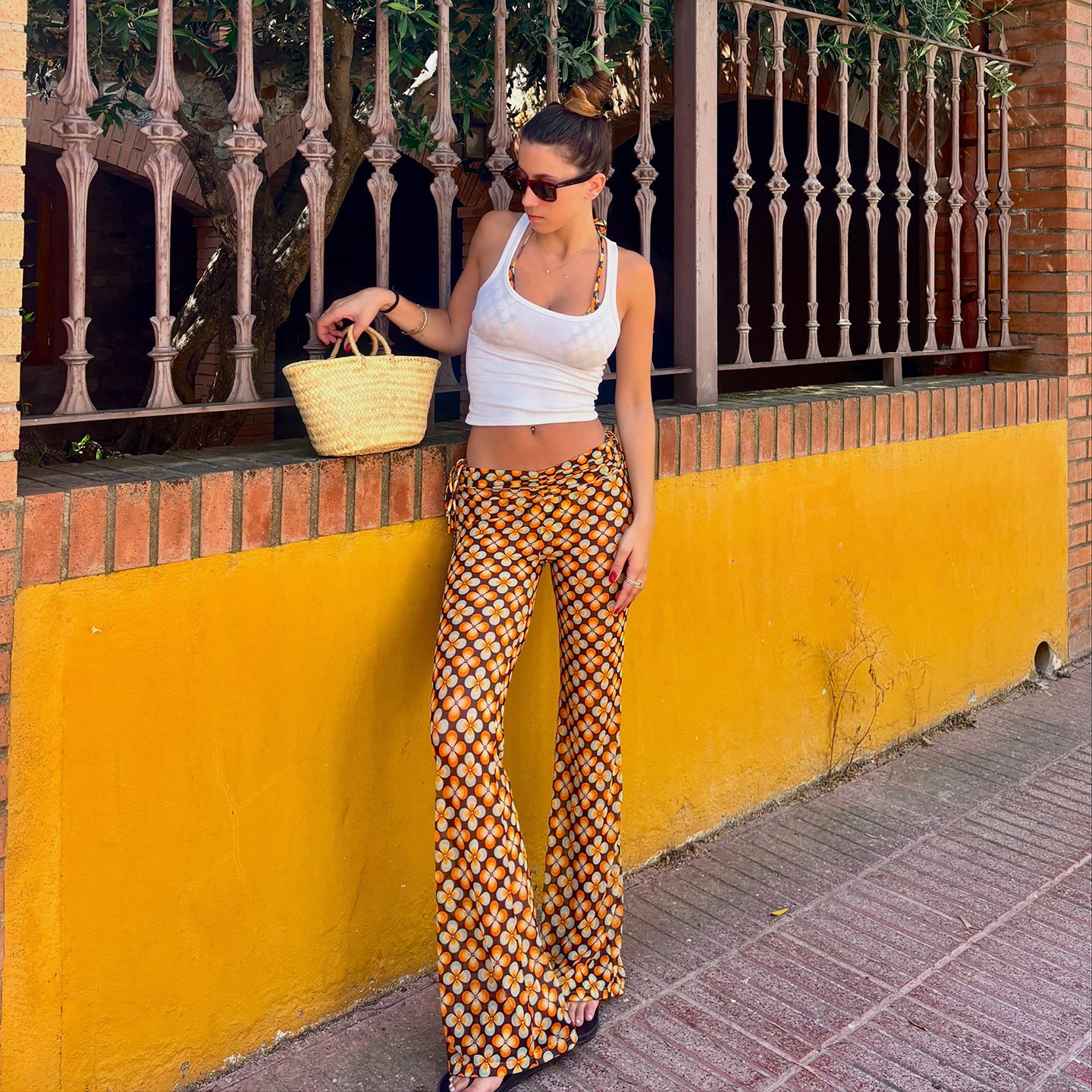 Retro Gelbe Low-Waist Stretch Hose für Damen