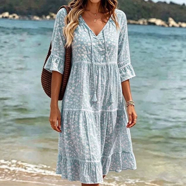 Bedrucktes V-Ausschnitt Midikleid mit 3/4-Ärmeln – Bild 4 | LuxeStyle