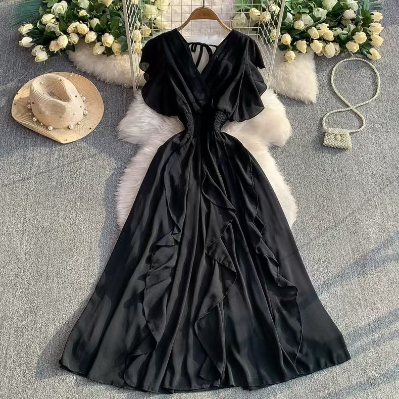 Chiffon Maxikleid mit V-Ausschnitt und Volants