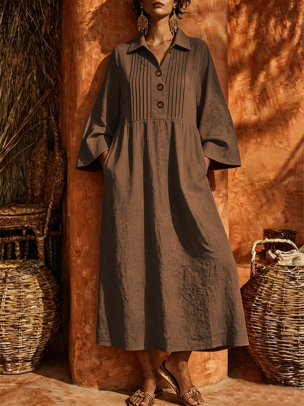 Langes V-Neck Freizeitkleid mit Knopfleiste – Bild 10 | LuxeStyle