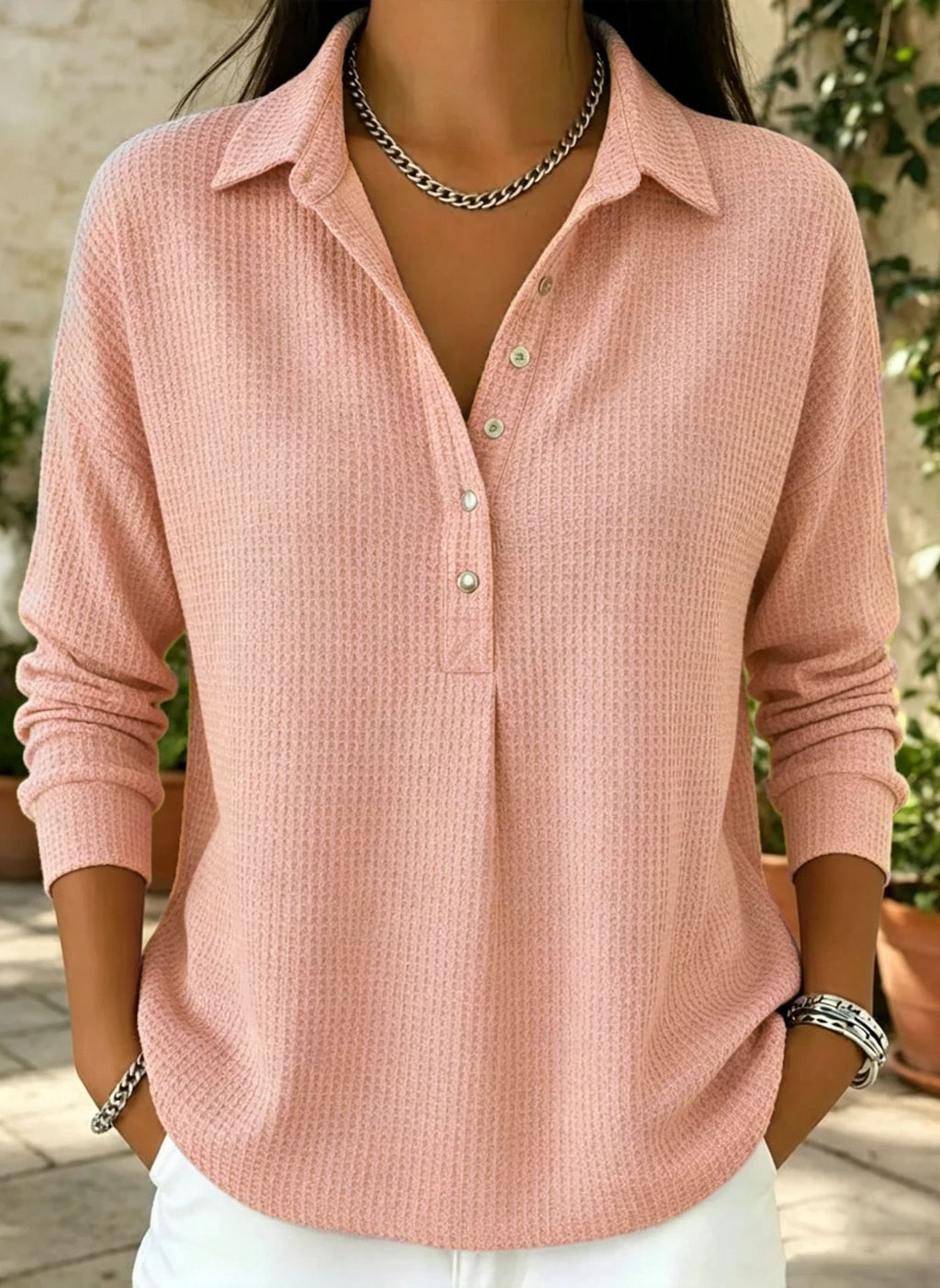 Einfarbige Waffelgewebe-Button-up-Hemd mit Kragen und Langarm