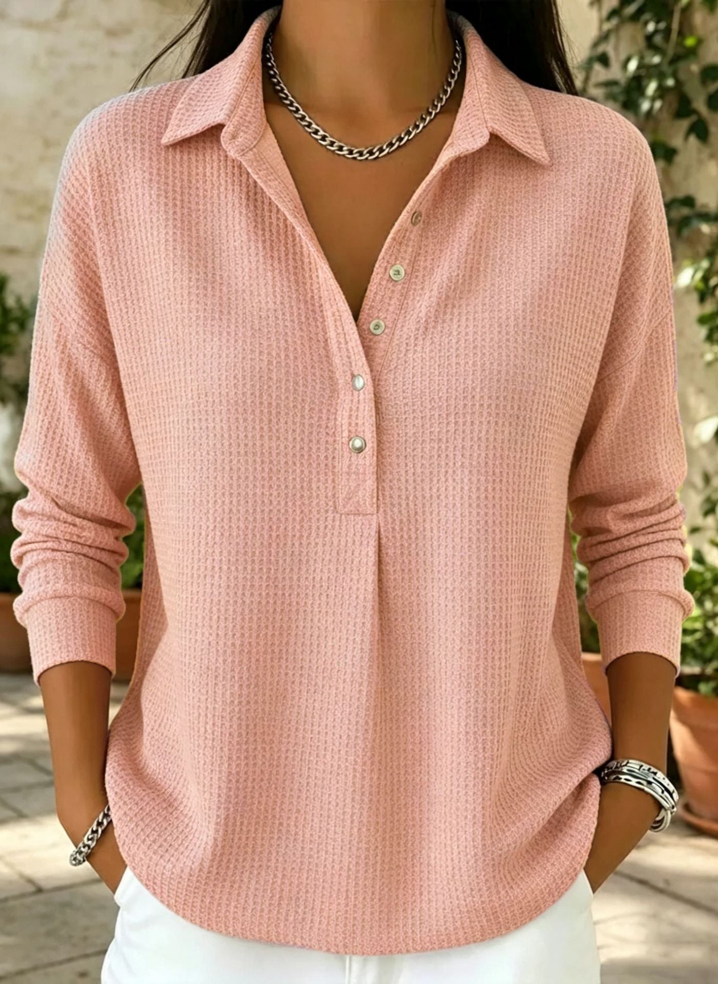 Einfarbige Waffelgewebe-Button-up-Hemd mit Kragen und Langarm