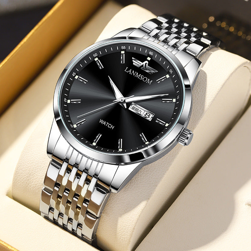 Schlankes Business Armband mit Doppeldatum, wasserdicht und automatisc