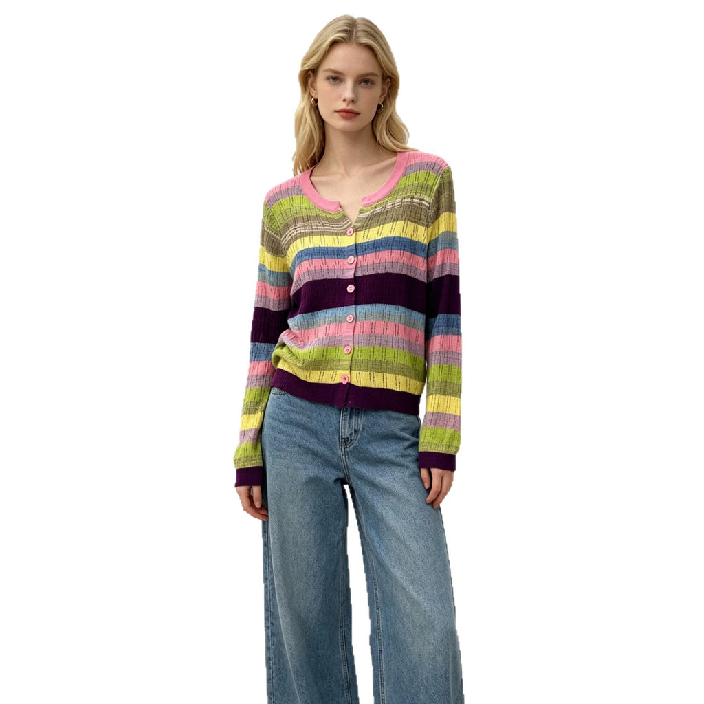 V-Neck Strick-Cardigan mit Farbblock-Streifen