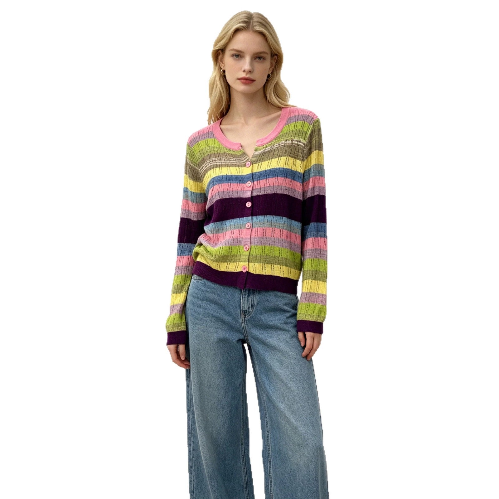 V-Neck Strick-Cardigan mit Farbblock-Streifen