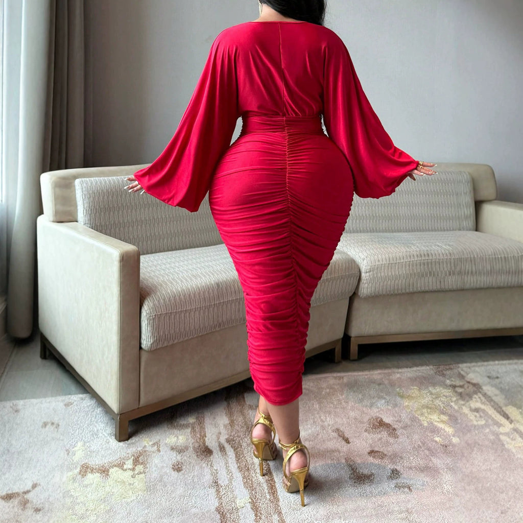 Elegantes V-Ausschnitt Strickkleid in Rot