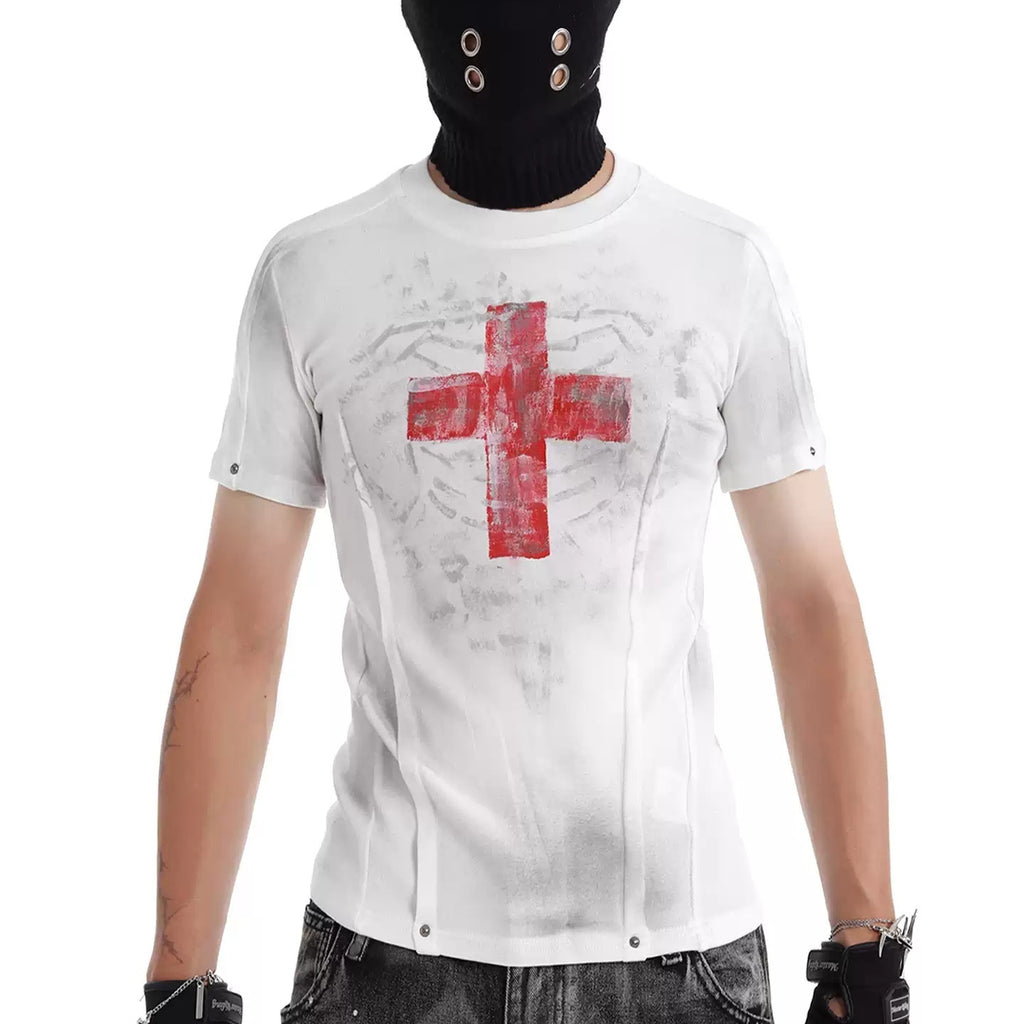 Distressed Slim Fit T-Shirt mit Kreuz-Print