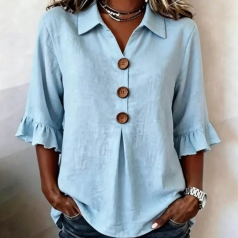 Hellblaue Bluse mit Rüschenmanschetten – Bild 2 | LuxeStyle