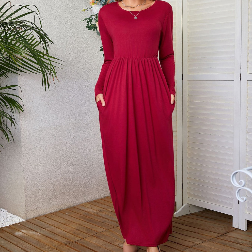 Maxikleid mit Rundhals, langen Ärmeln und Taschen