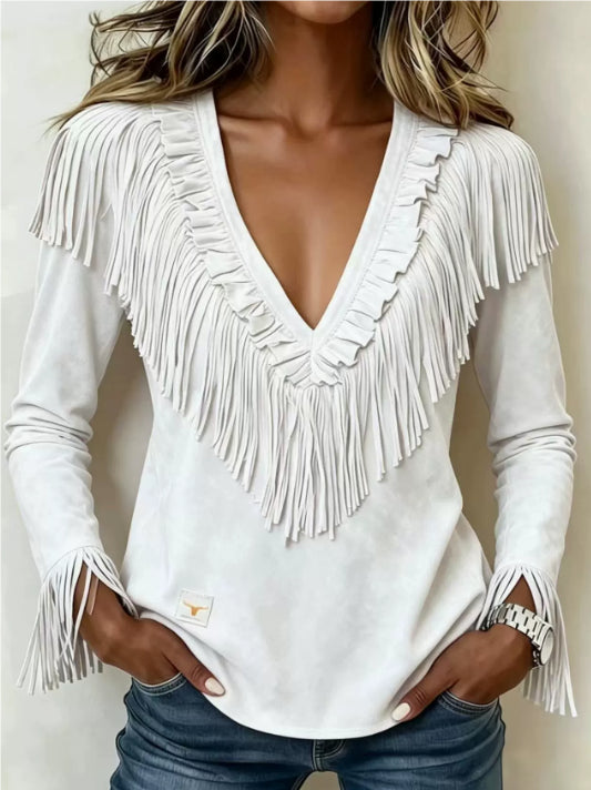 Damenbluse aus Wildlederimitat mit V-Ausschnitt – Bild 3 | LuxeStyle