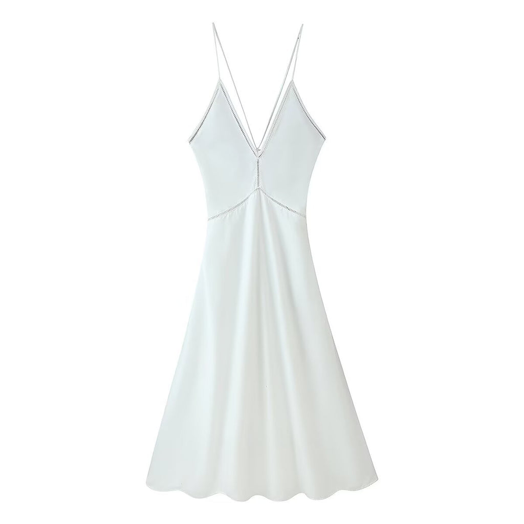 Einfarbiges V-Ausschnitt-Rückenfreies Spitzendress