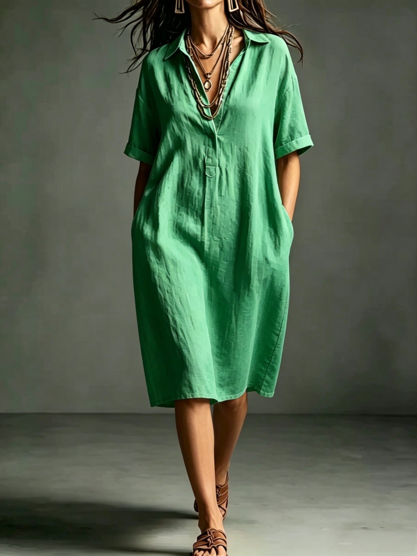 Ärmelloses V-Neck Kleid mit Taschen