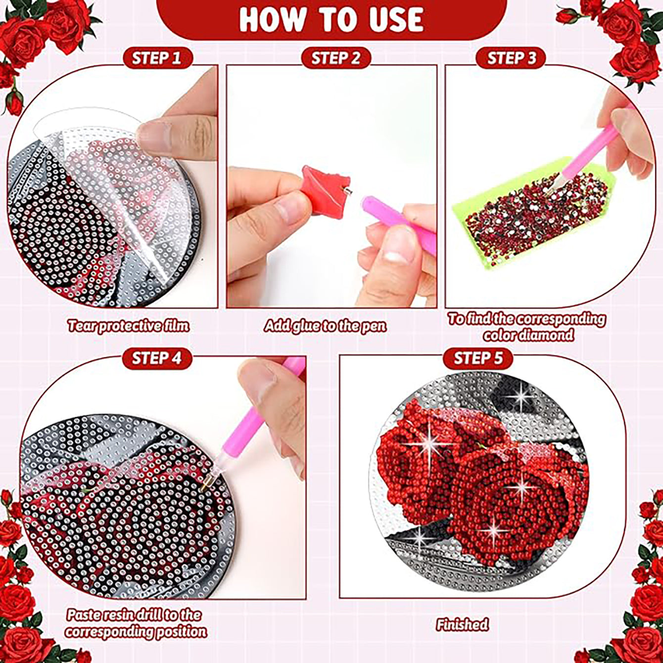 Diamantmalerei Untersetzer DIY Rose Muster für Erwachsene & Einsteiger