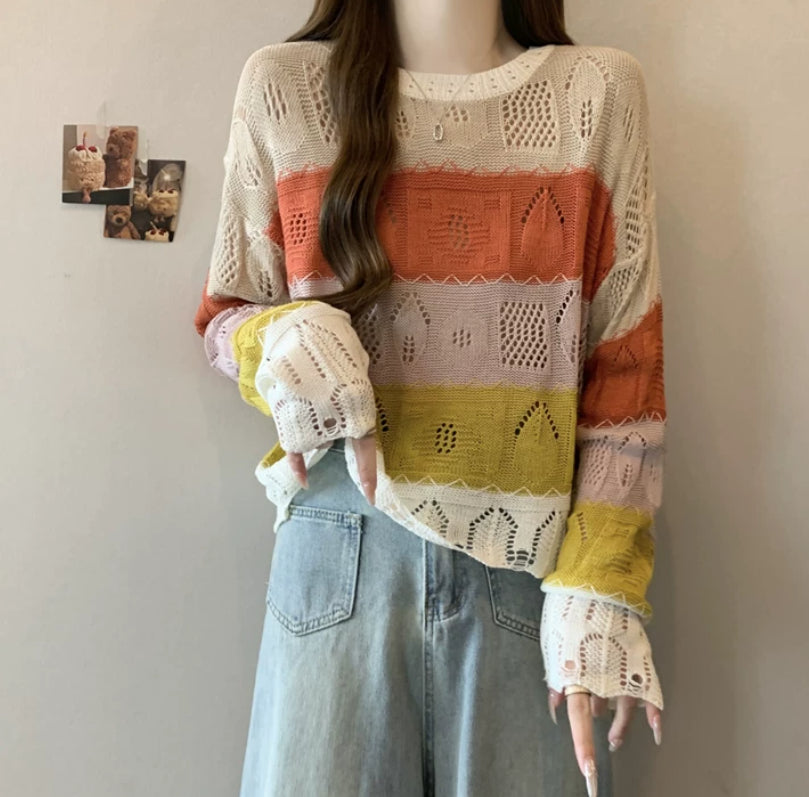 Damen Langarm Strickpullover mit bunten Streifen
