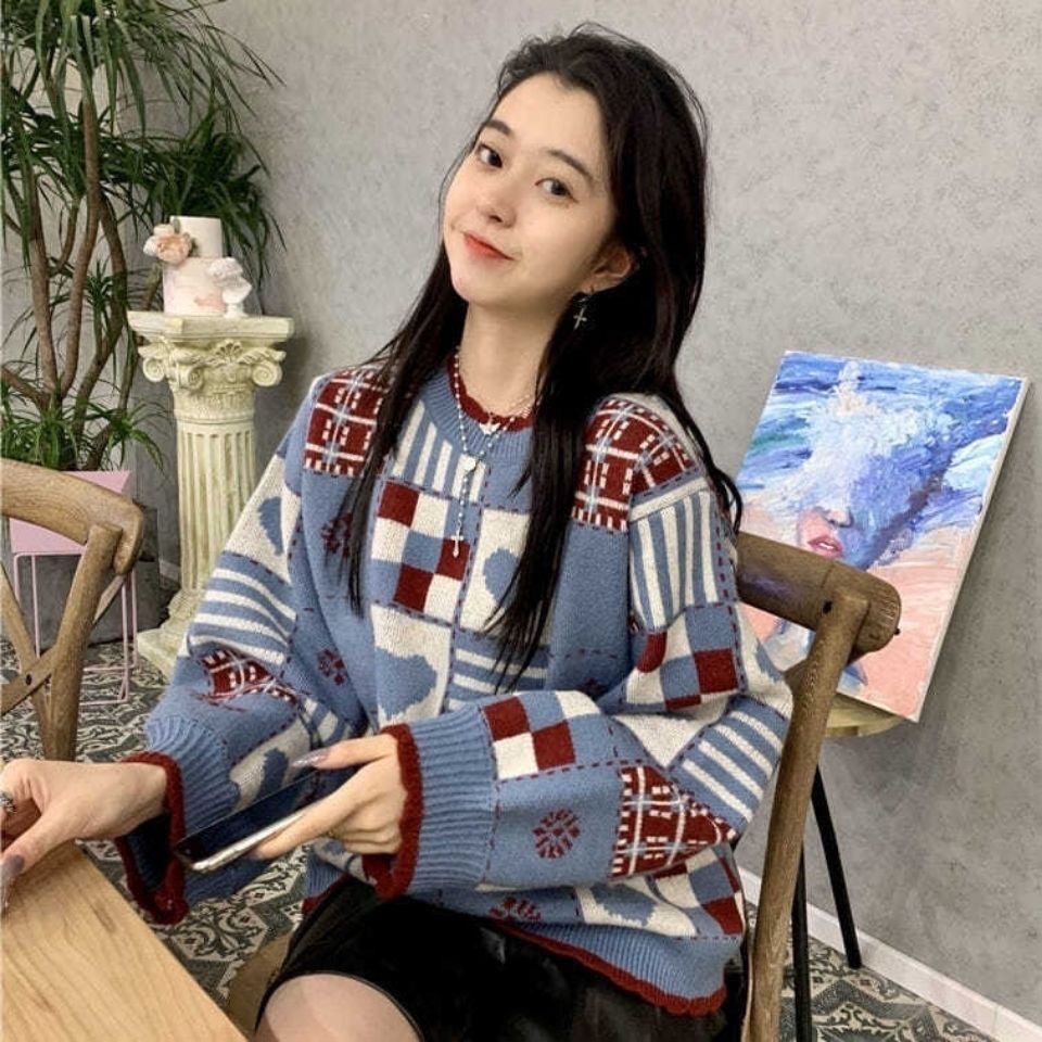 Japanischer Retro Color-Block Herz Pullover