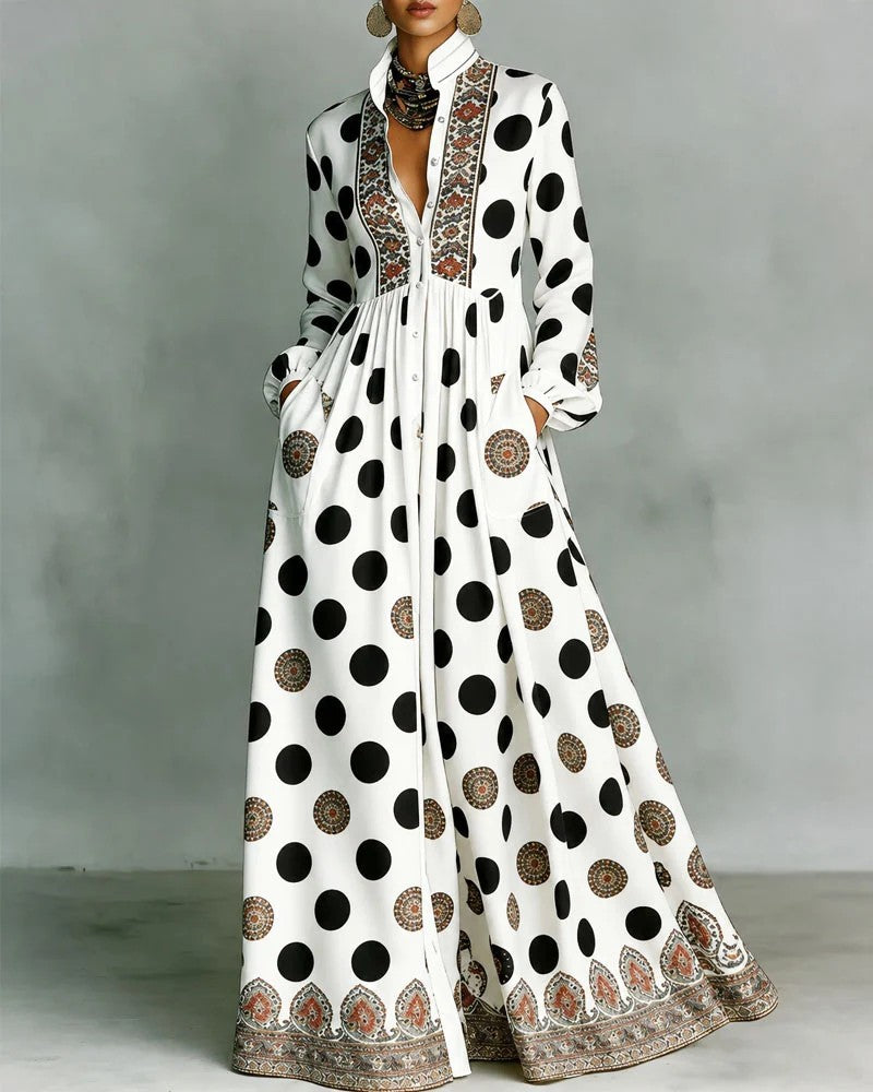 Maxikleid mit Stehkragen und Vintage-Print – Bild 4 | LuxeStyle