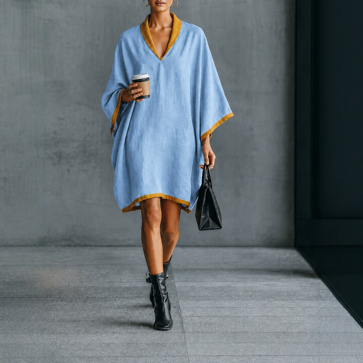 Leinen-Mix V-Ausschnitt Kleid mit Fledermausärmeln – Bild 9 | LuxeStyle