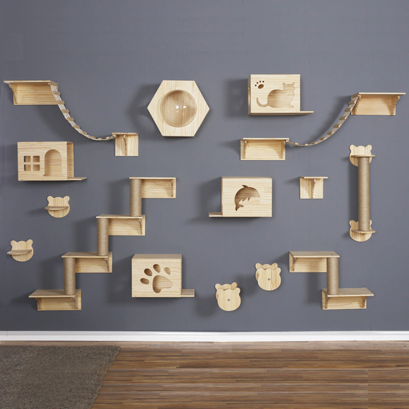Wandmontierte Katzen-Kletterplattform aus Massivholz