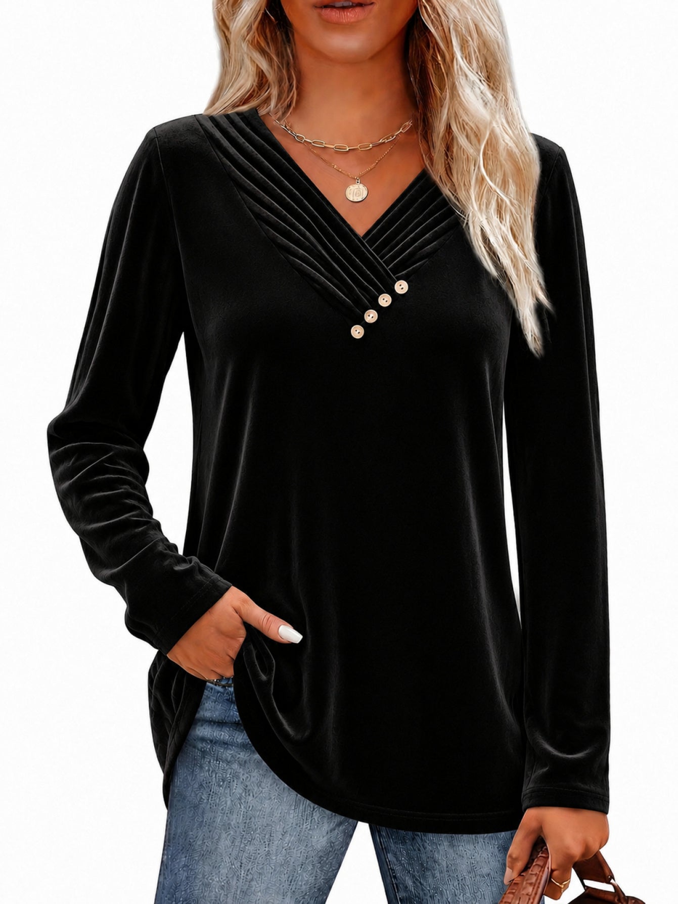 Einfarbiges Langarm-Shirt mit V-Ausschnitt für Damen
