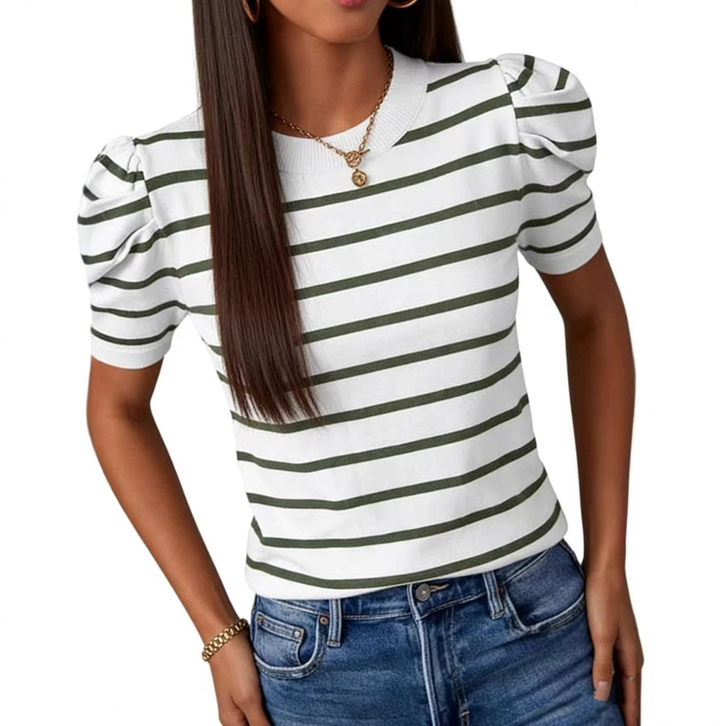 Rundhals Französisch Retro Gestreifter Strickpulli Damen Puffärmel Sli