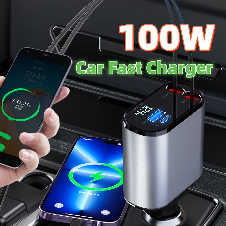 KFZ-Schnellladegerät 100W · ausziehbare Kabel USB-C & Lightning