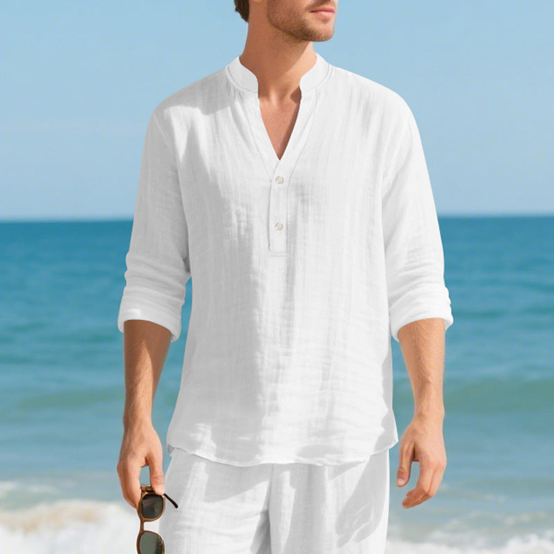 Leinen-Langarmshirt mit Stehkragen und Knöpfen | LuxeStyle