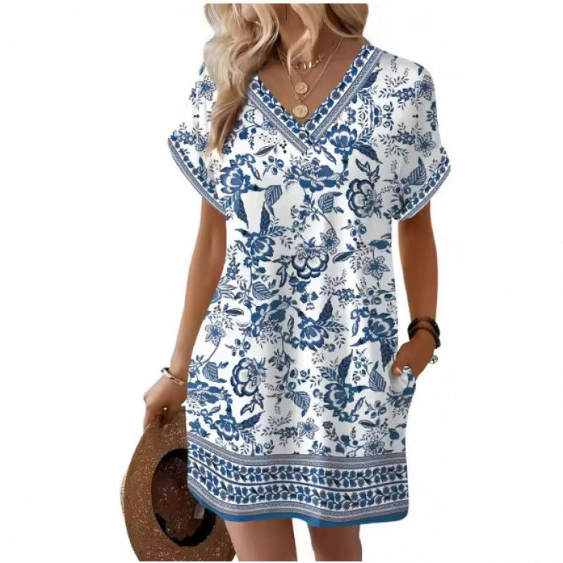 Bedrucktes V-Ausschnitt Kurzarmkleid im Street Style – Bild 1 | LuxeStyle