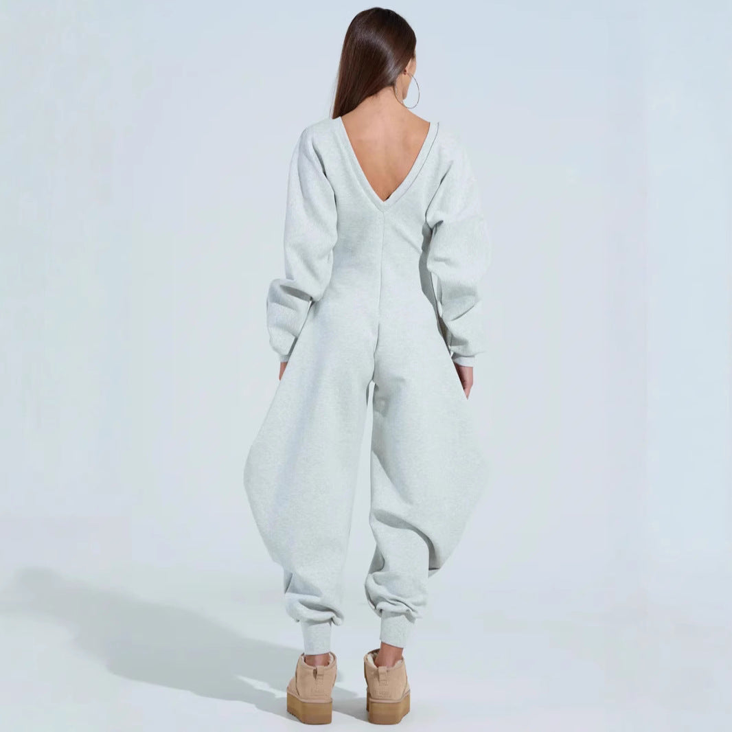 Bodycon Jumpsuit mit V-Ausschnitt und langen Ärmeln