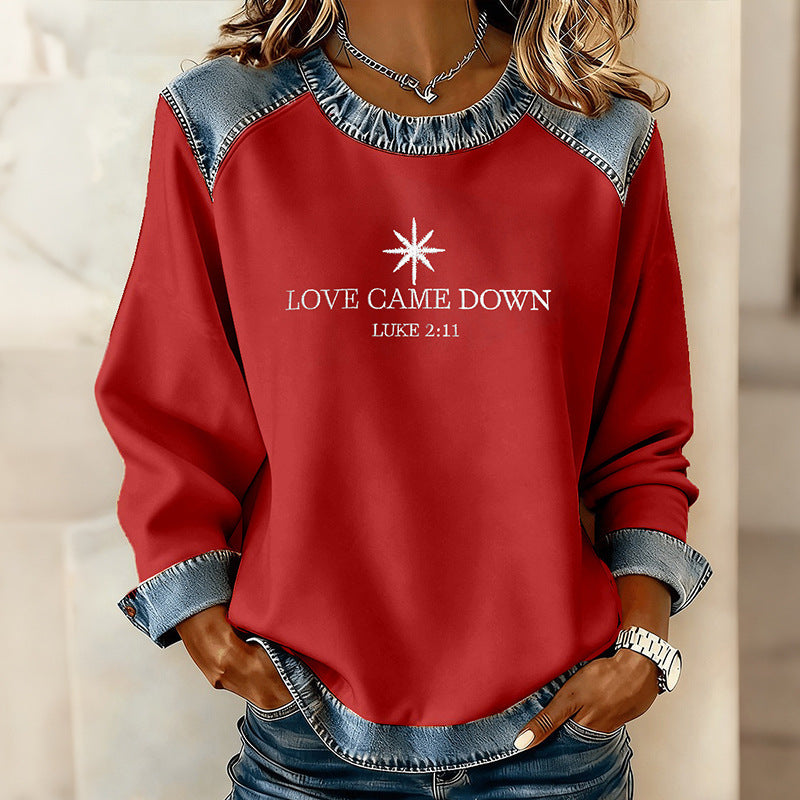 Blumen-Denim-Patchwork Hoodie für Damen