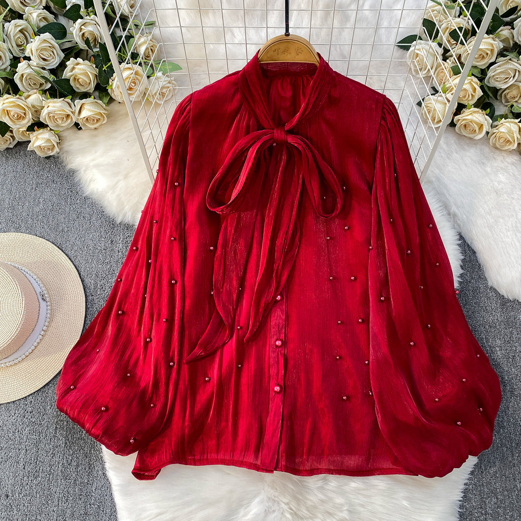 Damen Bluse mit Puffärmeln und Schleife