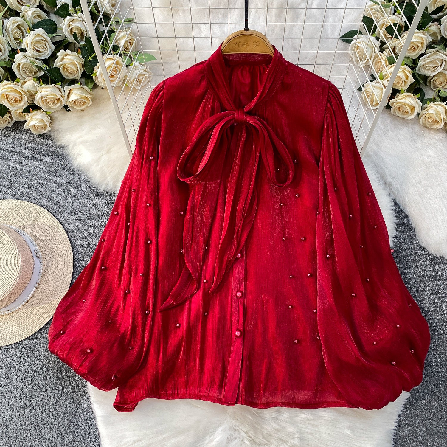 Damen Bluse mit Puffärmeln und Schleife
