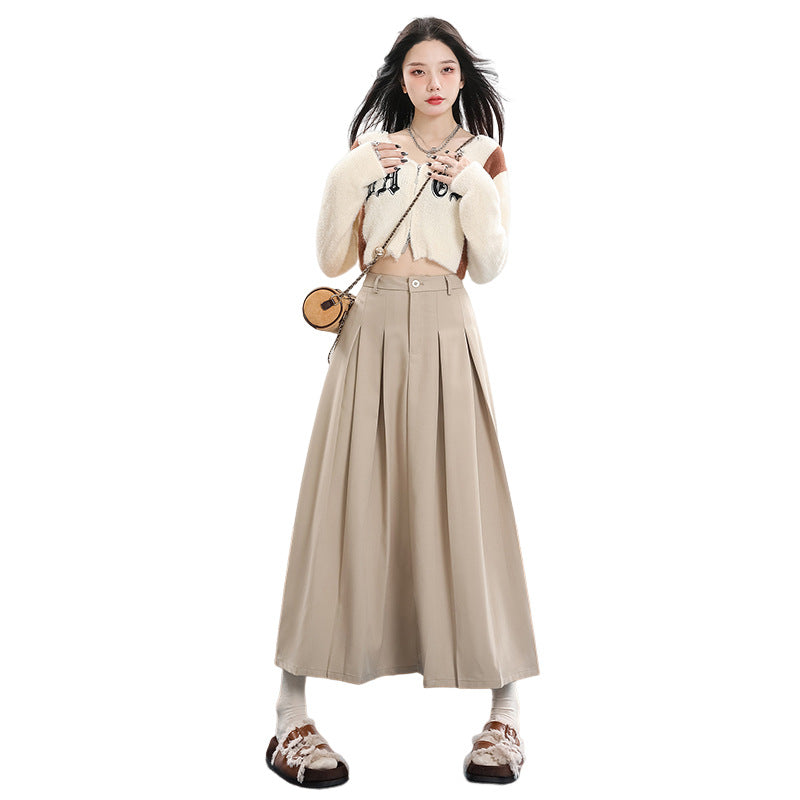 Khaki High-Waist Plissée-Midi-Jupe