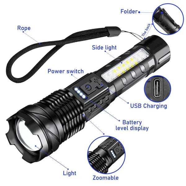 Superhelle LED-Taschenlampe mit Zoom und Warnlicht