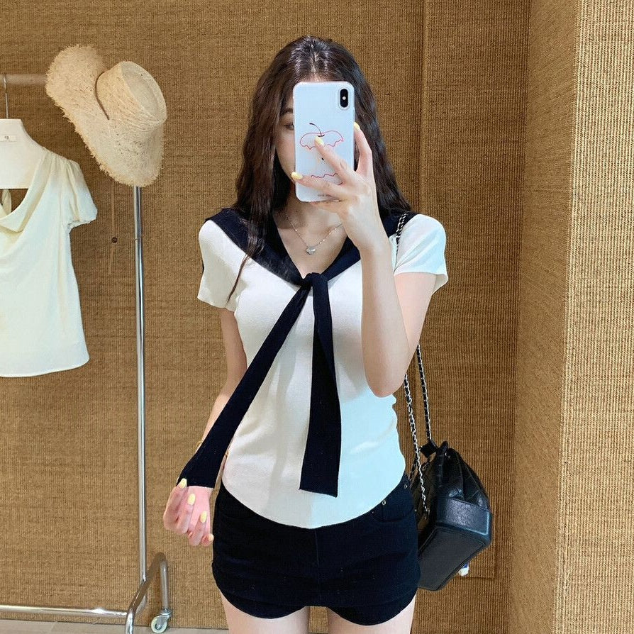 Girly Color-Block Strick-Top mit Prinzessinnenärmeln