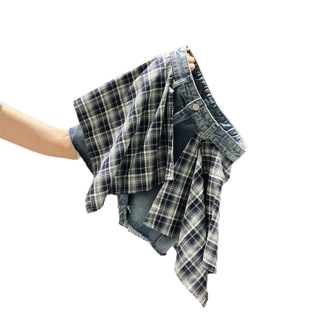 Plaid Patchwork Denim Shorts für Damen