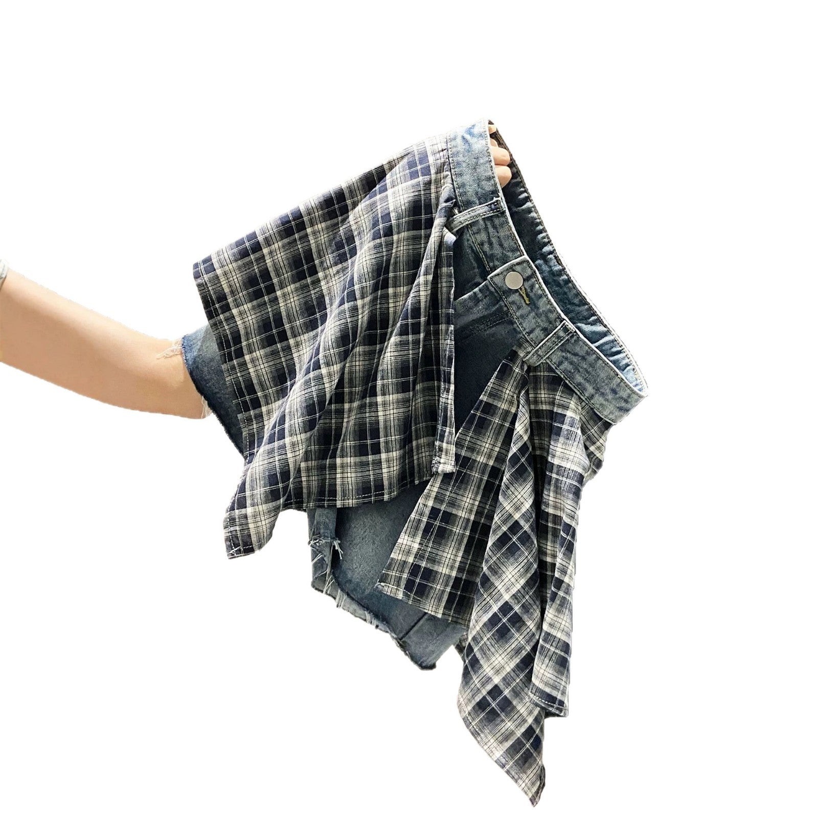 Plaid Patchwork Denim Shorts für Damen