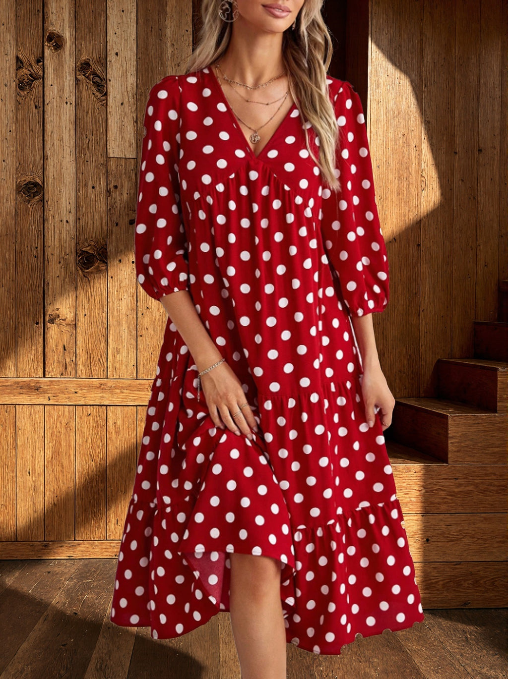 Gepunktetes V-Ausschnitt Freizeitkleid mit 3/4-Ärmeln – Bild 12 | LuxeStyle