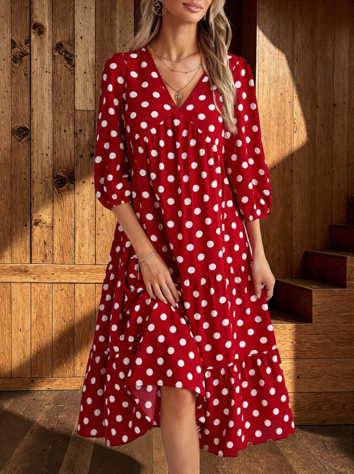 Gepunktetes V-Ausschnitt Freizeitkleid mit 3/4-Ärmeln – Bild 12 | LuxeStyle