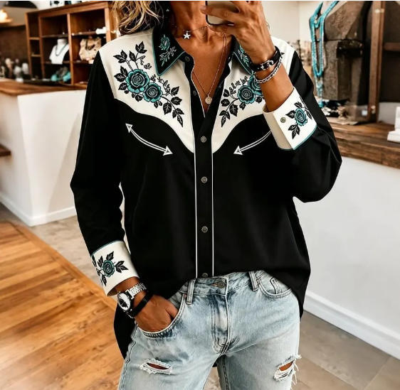 Damen bedrucktes Jeanshemd mit langen Ärmeln