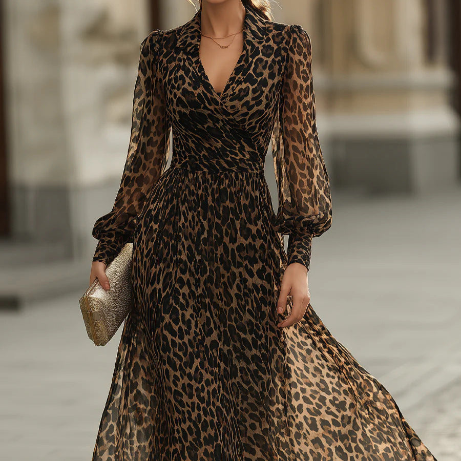 Langes V-Neck Kleid mit Leoparden-Print – Bild 5 | LuxeStyle