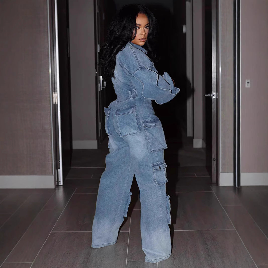Blauer Jumpsuit mit Straight-Leg-Hose