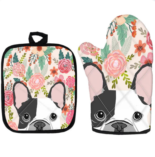 Ofenhandschuh & Topfuntersetzer-Set mit Mops-Print