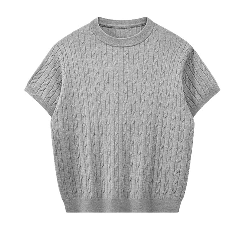 Gestrickter Rundhals-Pullover mit kurzen Ärmeln