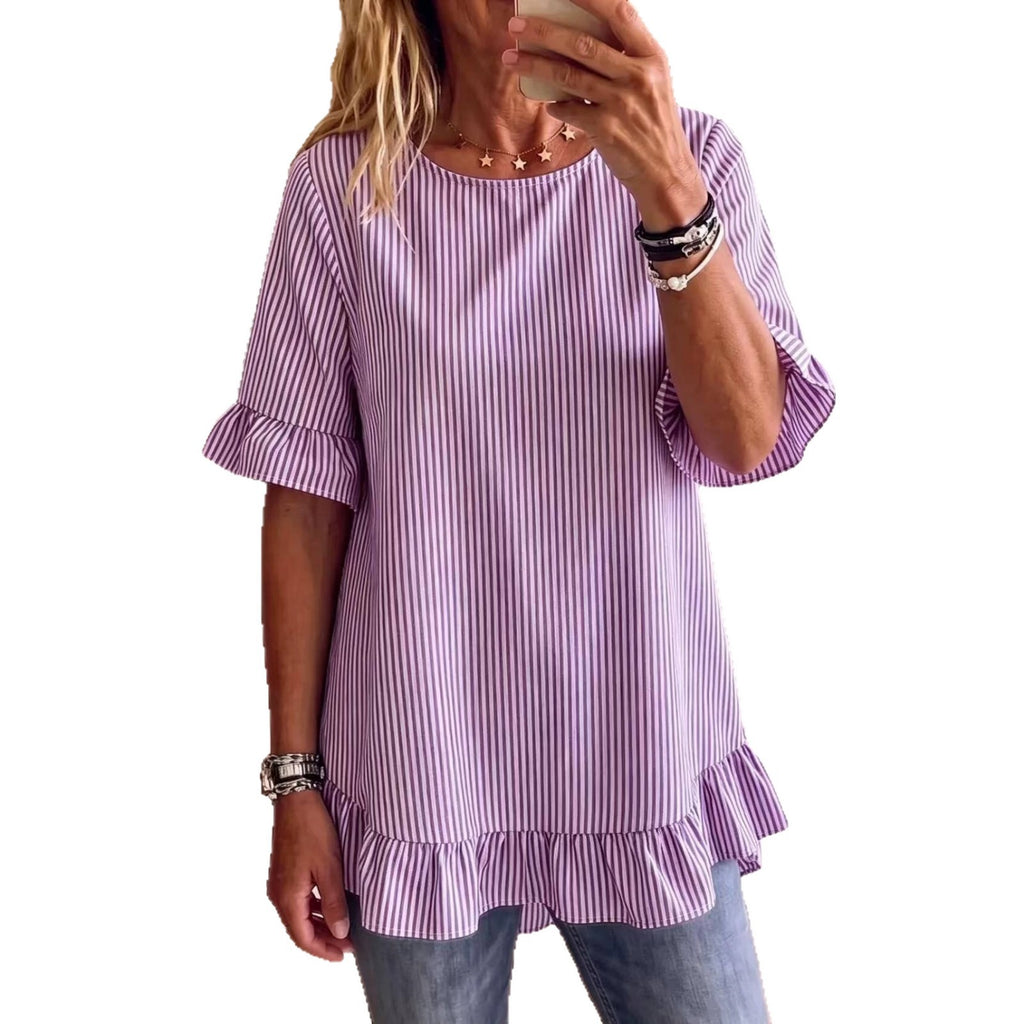Gestreifte Bluse mit Rüschensaum – Bild 4 | LuxeStyle