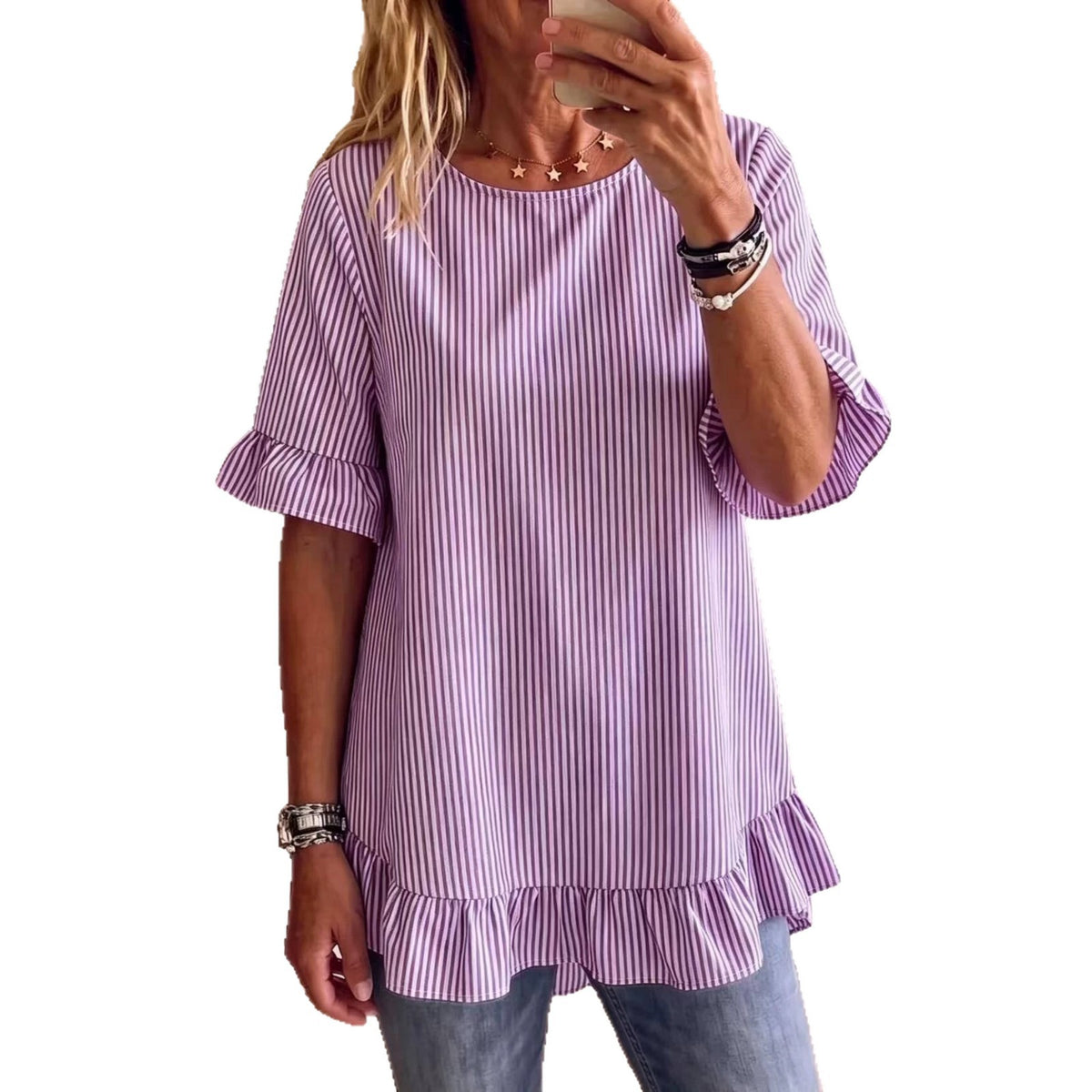 Gestreifte Bluse mit Rüschensaum – Bild 4 | LuxeStyle