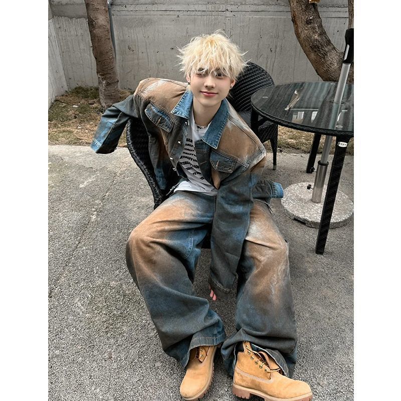 Retro Distressed Denim-Jacke mit Schulterpolstern