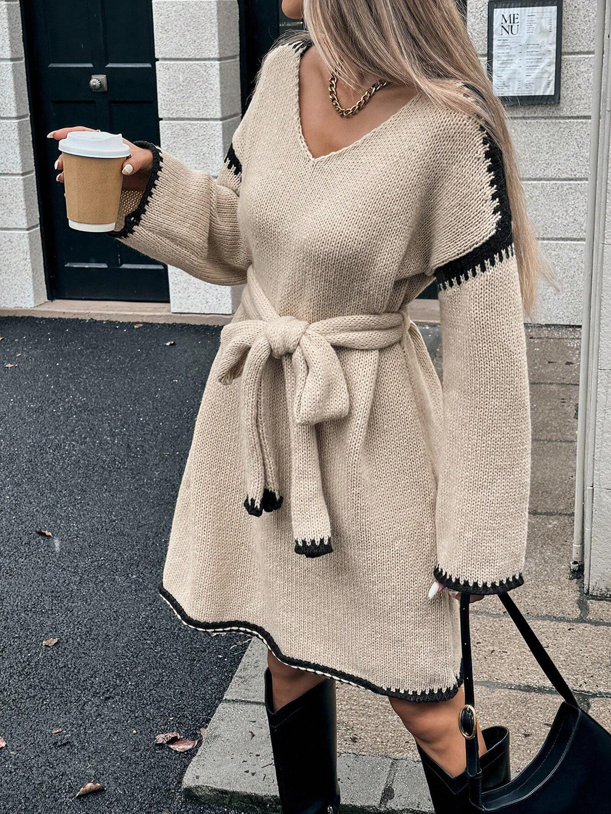 Midi-Kleid mit Farbblock und Taillengürtel | LuxeStyle