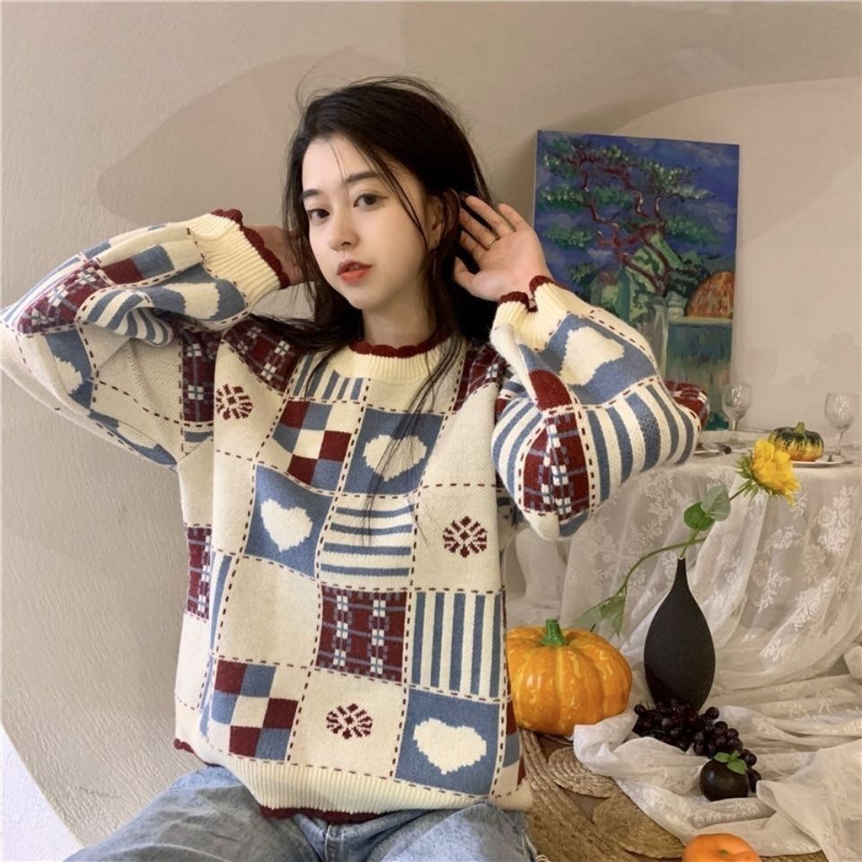 Japanischer Retro Color-Block Herz Pullover