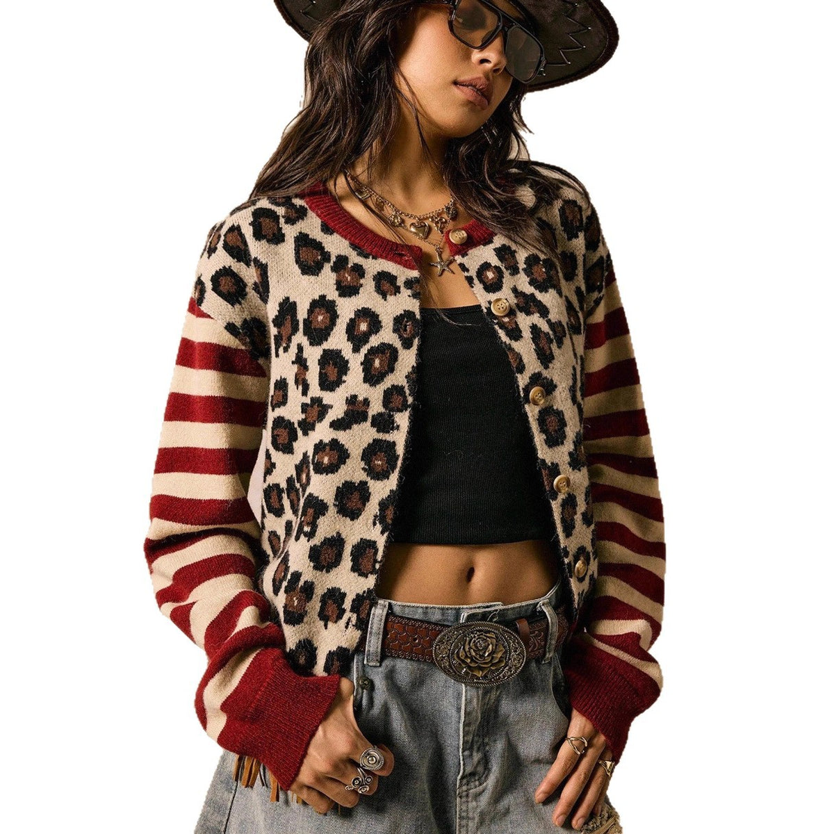 Gestreiftes Top & Cardigan mit Leopardenmuster – Bild 1 | LuxeStyle