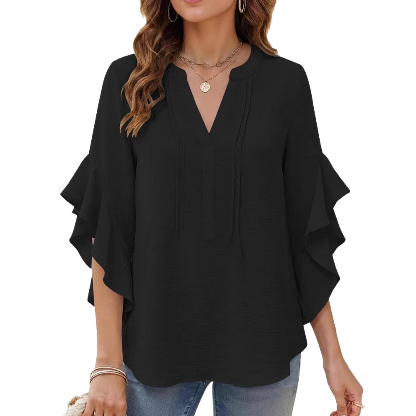 V-Ausschnitt Bluse mit Rüschen und 3/4-Ärmeln